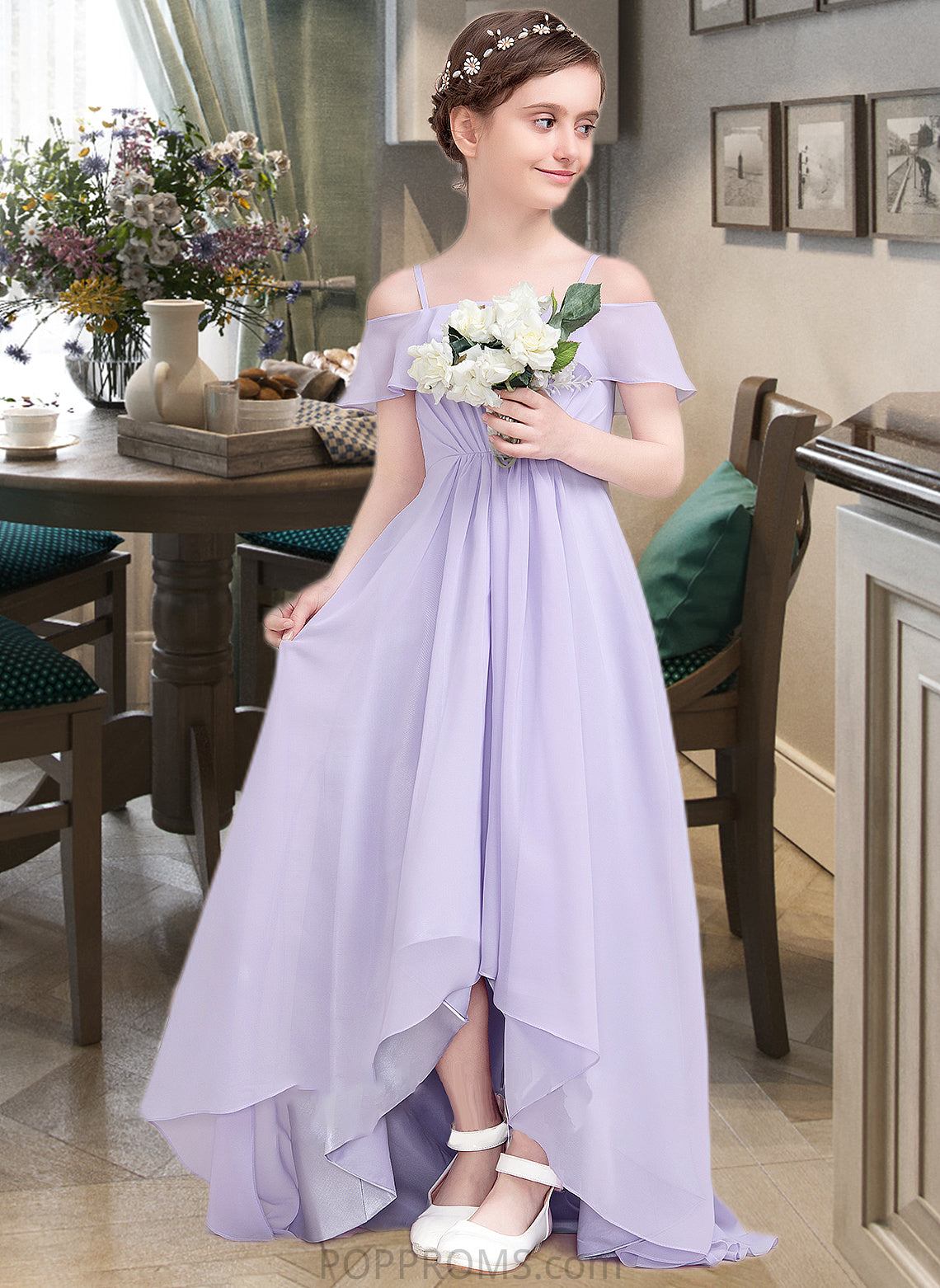 Carley A-Line Off-the-Shoulder Asymmetrical Chiffon Junior Bridesmaid Dress With Cascading Ruffles PP6P0013566