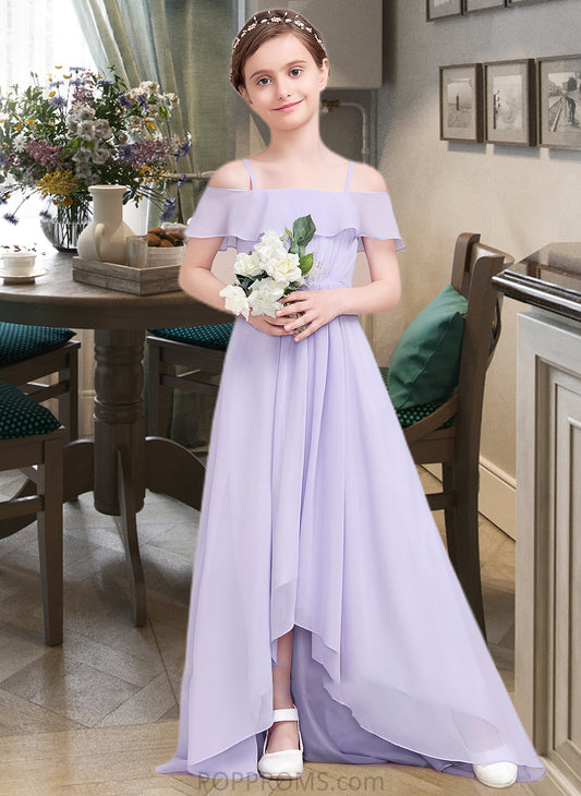 Carley A-Line Off-the-Shoulder Asymmetrical Chiffon Junior Bridesmaid Dress With Cascading Ruffles PP6P0013566