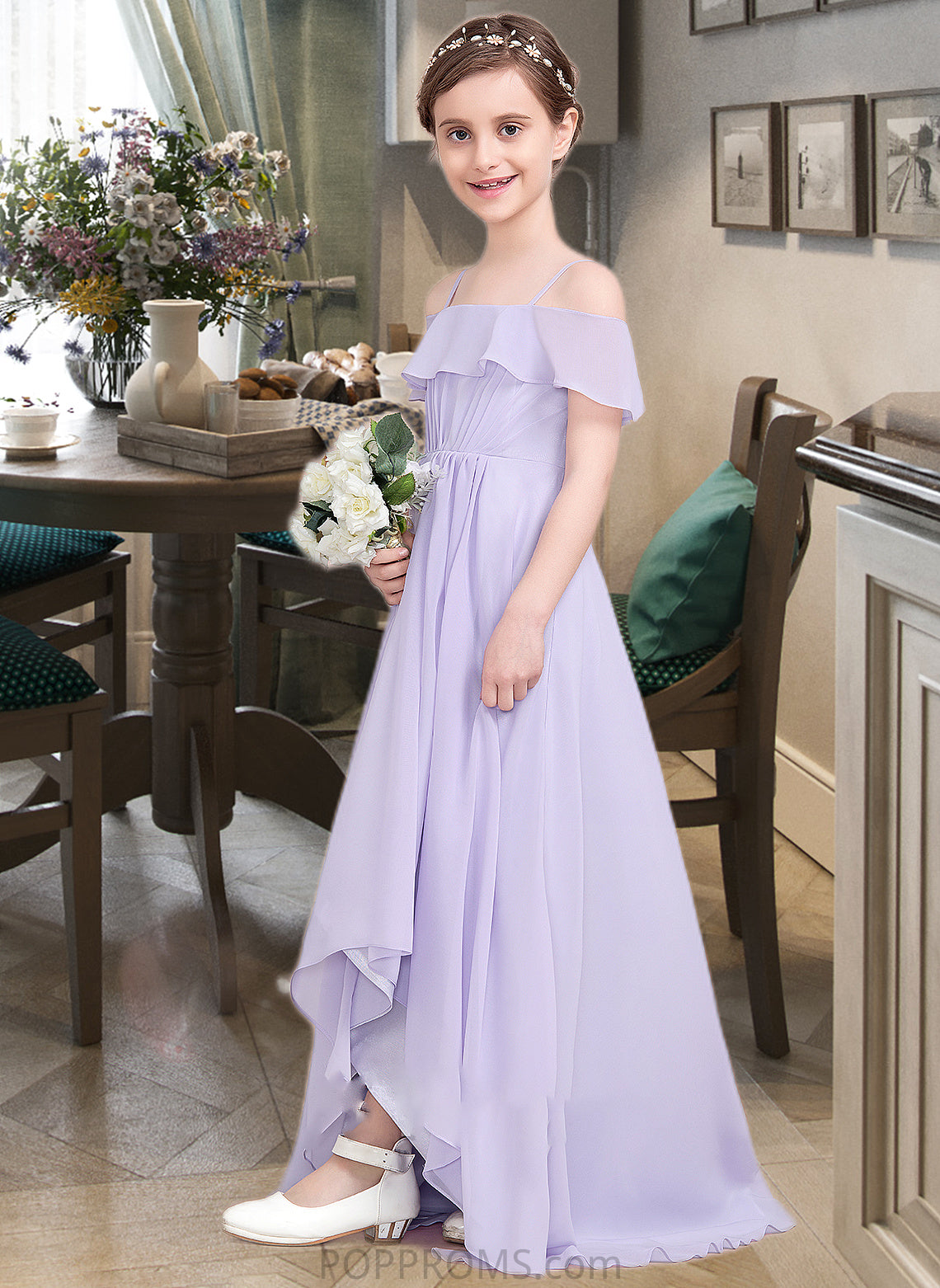 Carley A-Line Off-the-Shoulder Asymmetrical Chiffon Junior Bridesmaid Dress With Cascading Ruffles PP6P0013566