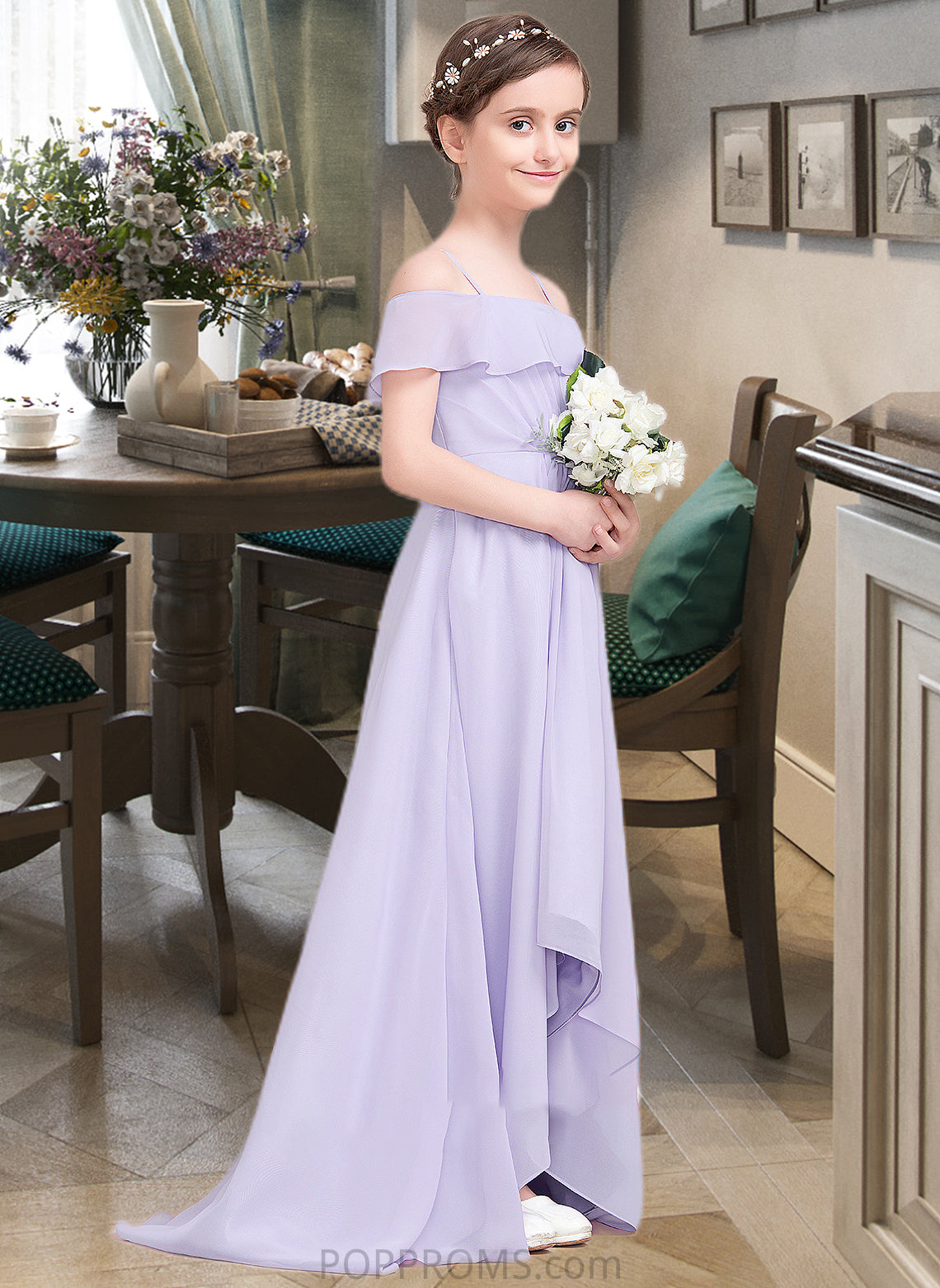 Carley A-Line Off-the-Shoulder Asymmetrical Chiffon Junior Bridesmaid Dress With Cascading Ruffles PP6P0013566