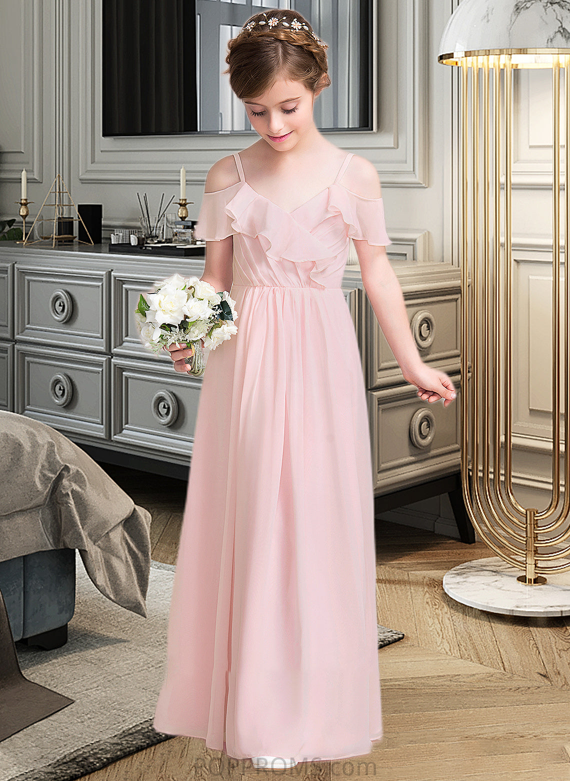 Callie A-Line V-neck Floor-Length Chiffon Junior Bridesmaid Dress With Cascading Ruffles PP6P0013567