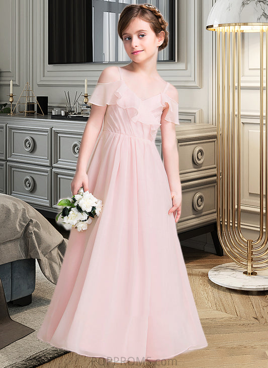 Callie A-Line V-neck Floor-Length Chiffon Junior Bridesmaid Dress With Cascading Ruffles PP6P0013567