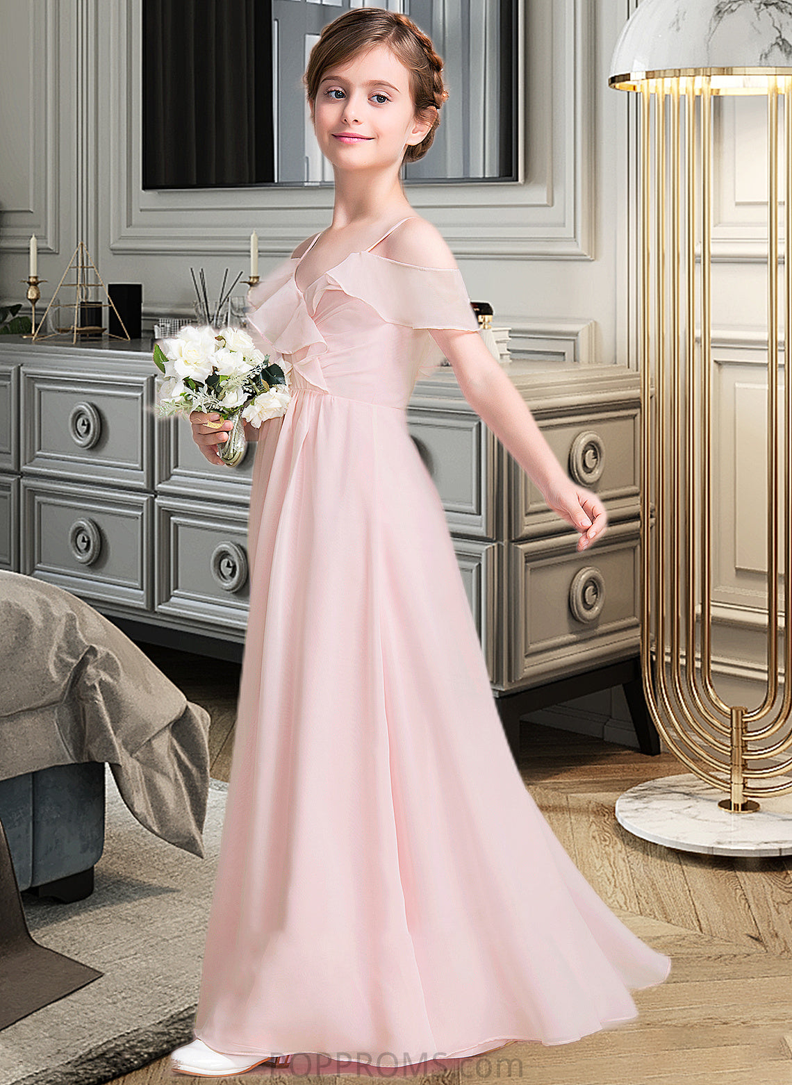 Callie A-Line V-neck Floor-Length Chiffon Junior Bridesmaid Dress With Cascading Ruffles PP6P0013567