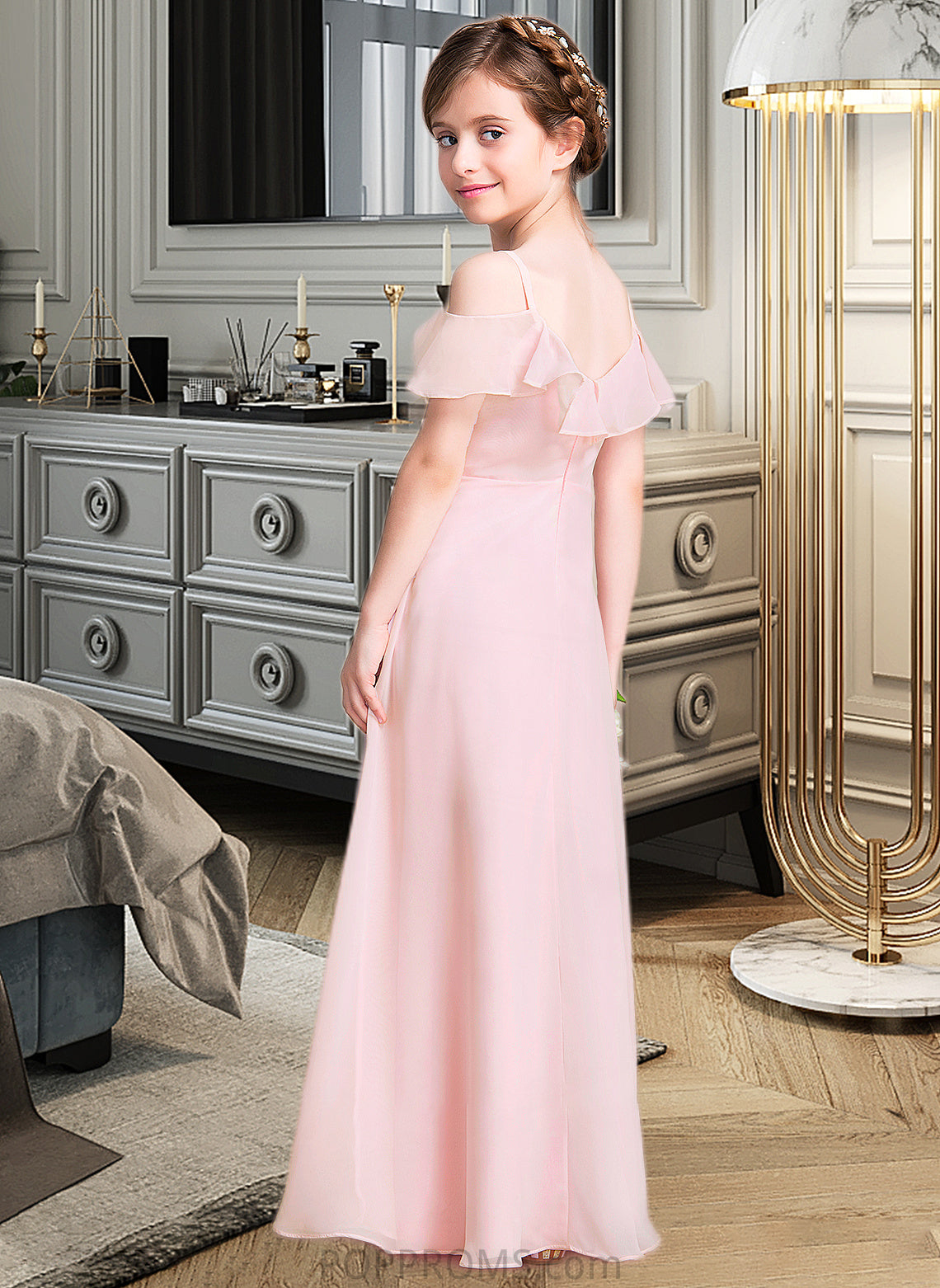 Callie A-Line V-neck Floor-Length Chiffon Junior Bridesmaid Dress With Cascading Ruffles PP6P0013567