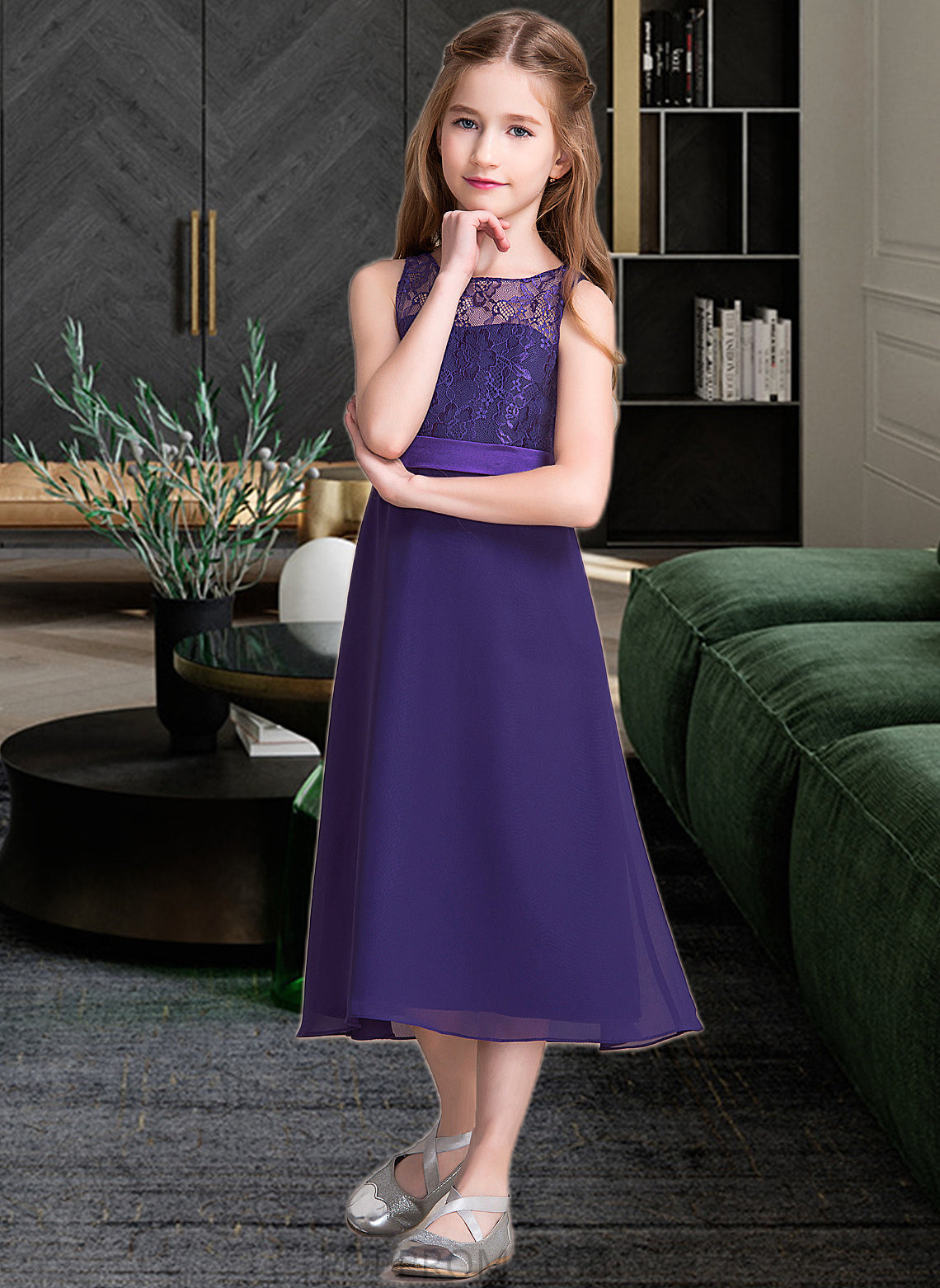 Seraphina A-Line Scoop Neck Tea-Length Chiffon Junior Bridesmaid Dress PP6P0013569