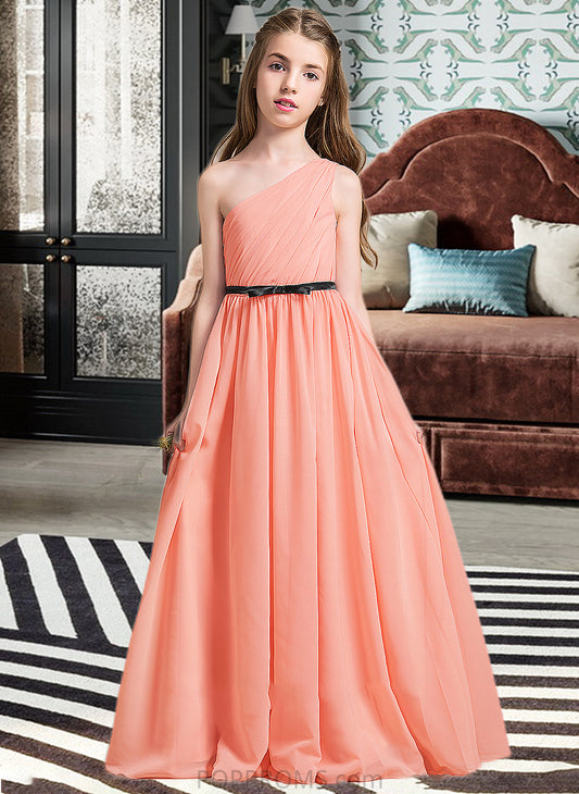 Madeleine A-Line One-Shoulder Floor-Length Chiffon Junior Bridesmaid Dress With Ruffle Bow(s) PP6P0013570