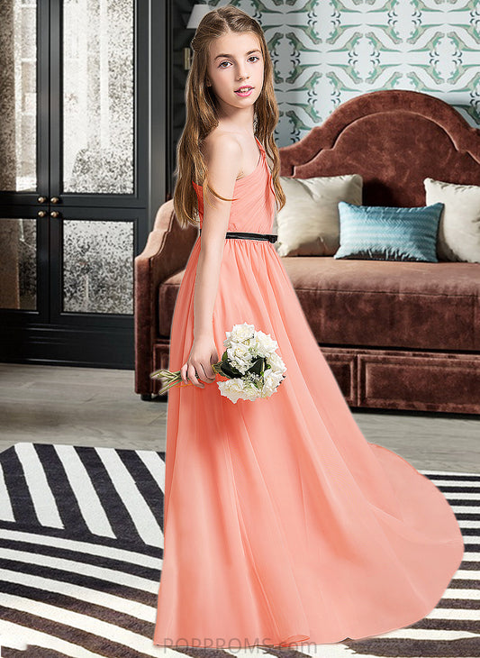 Madeleine A-Line One-Shoulder Floor-Length Chiffon Junior Bridesmaid Dress With Ruffle Bow(s) PP6P0013570