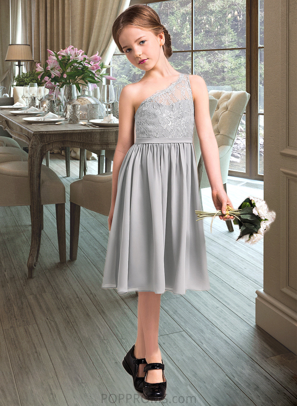 Valery A-Line One-Shoulder Knee-Length Chiffon Lace Junior Bridesmaid Dress PP6P0013571