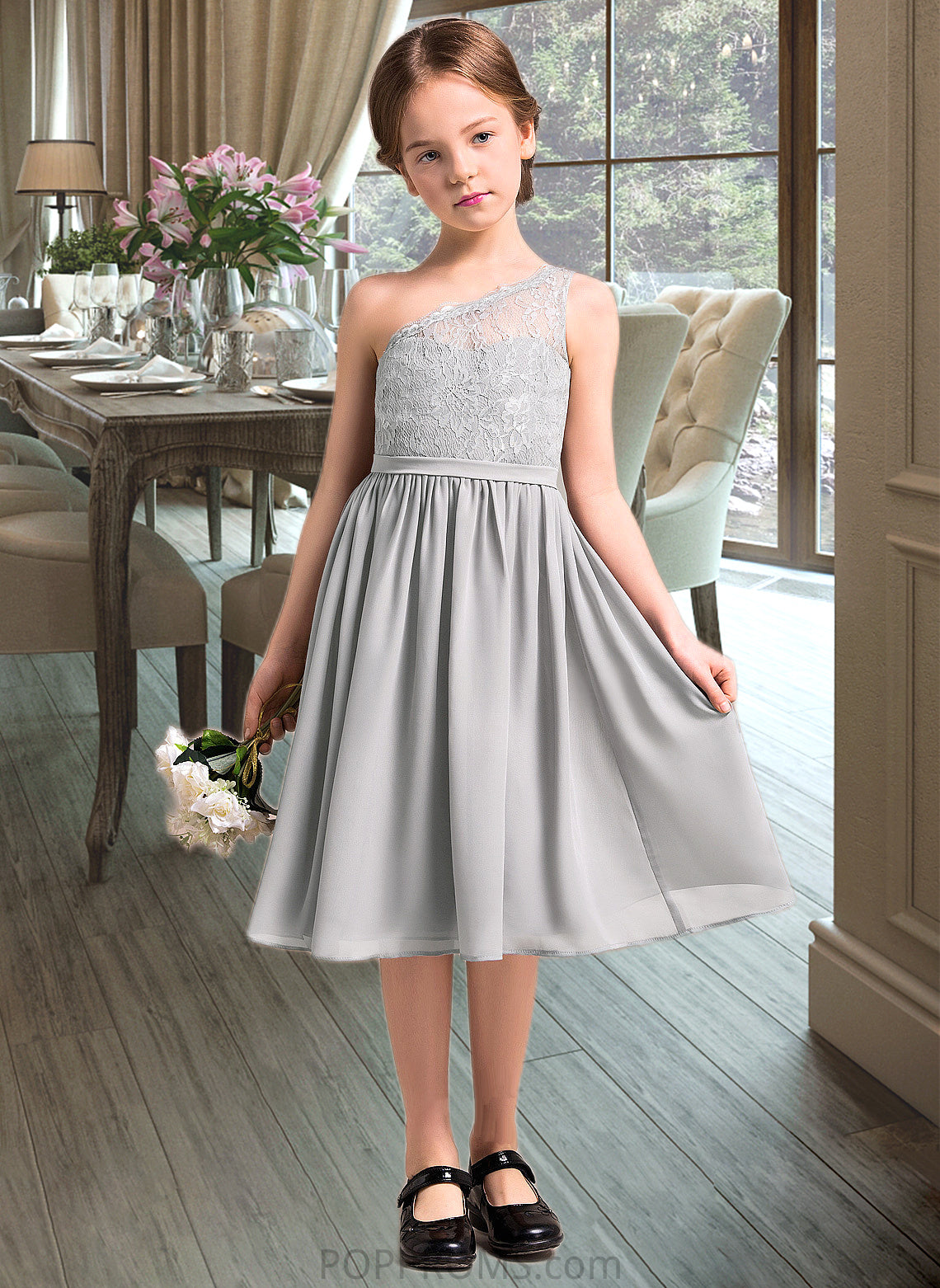 Valery A-Line One-Shoulder Knee-Length Chiffon Lace Junior Bridesmaid Dress PP6P0013571