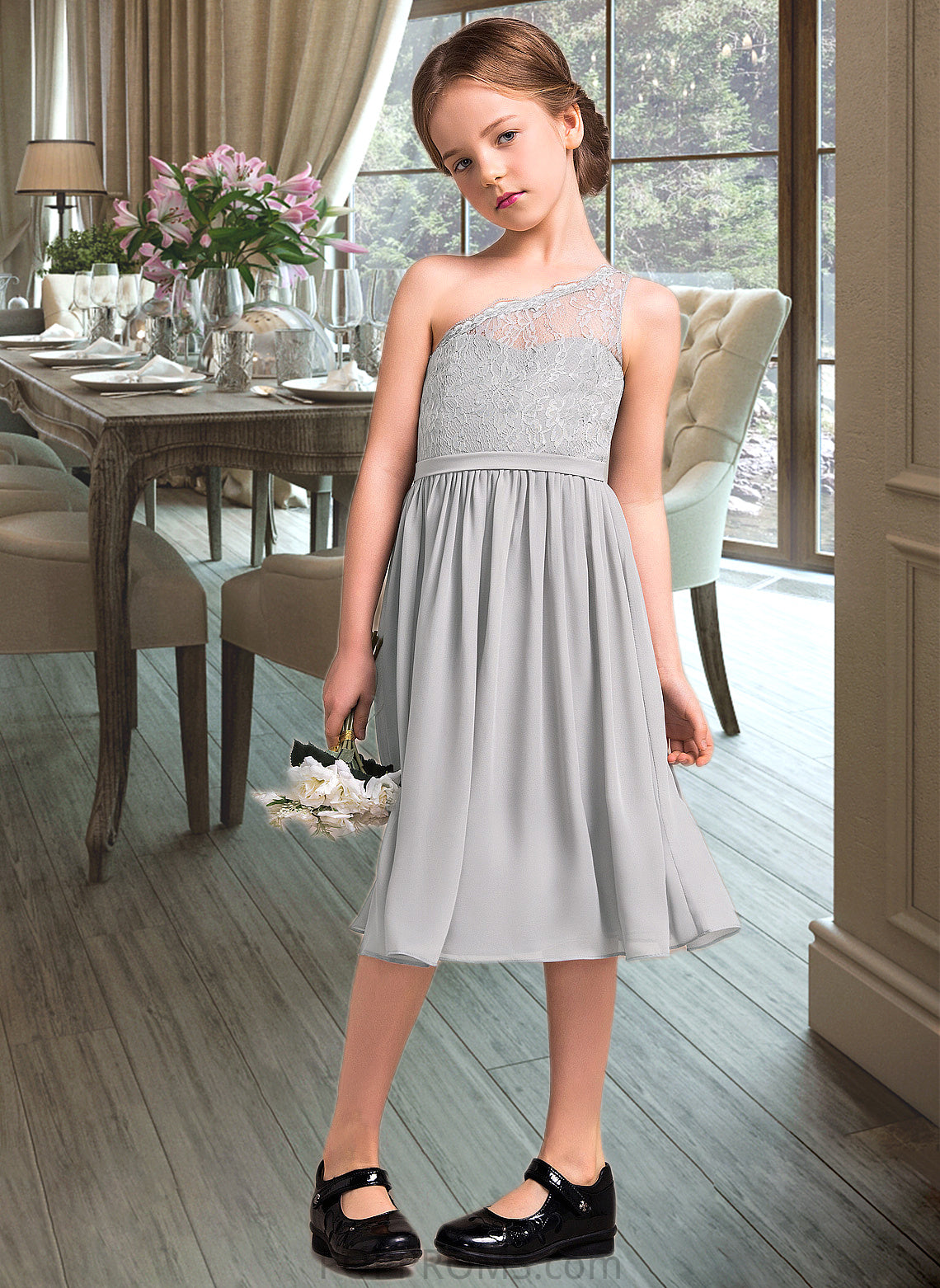 Valery A-Line One-Shoulder Knee-Length Chiffon Lace Junior Bridesmaid Dress PP6P0013571