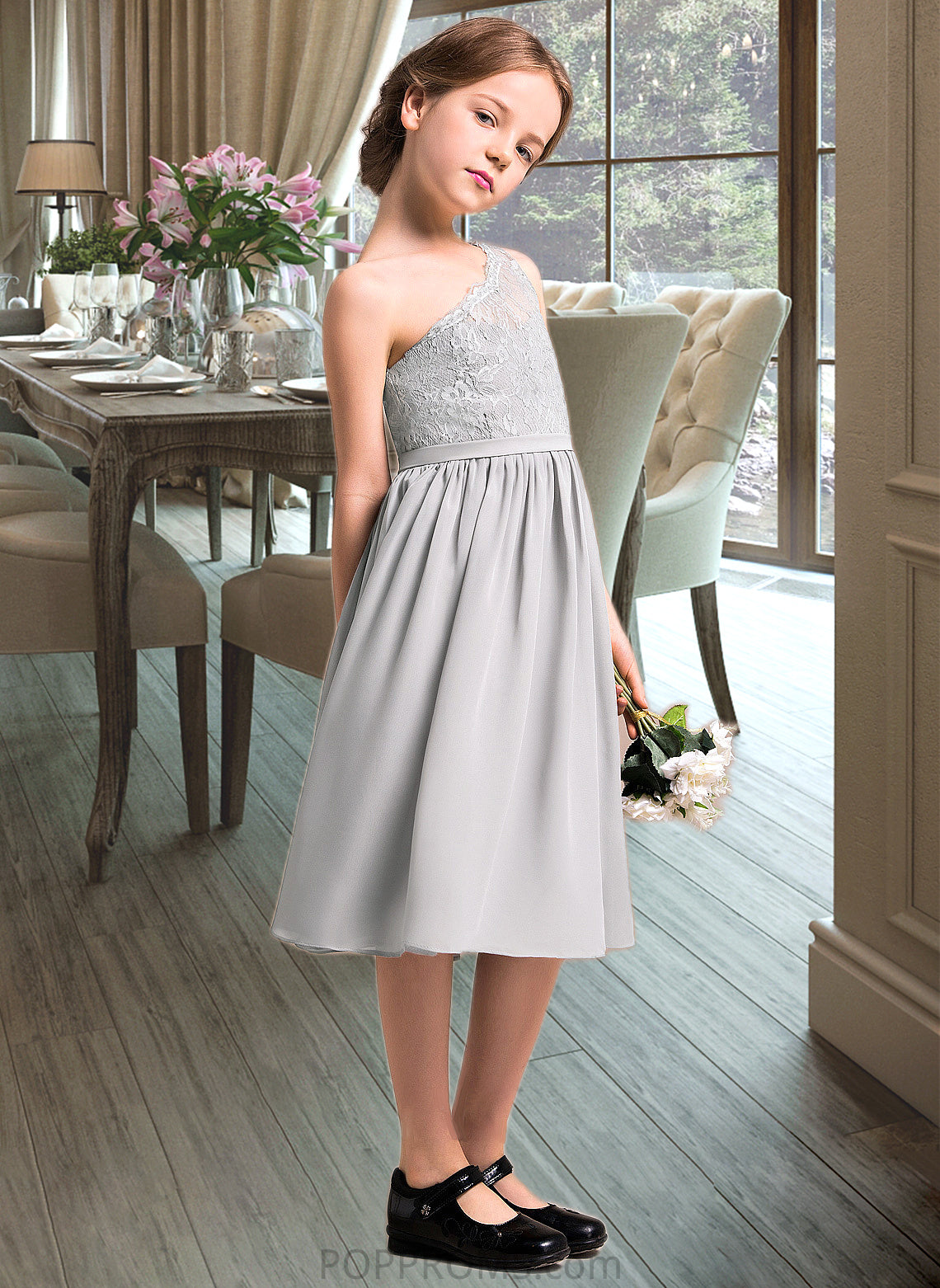 Valery A-Line One-Shoulder Knee-Length Chiffon Lace Junior Bridesmaid Dress PP6P0013571