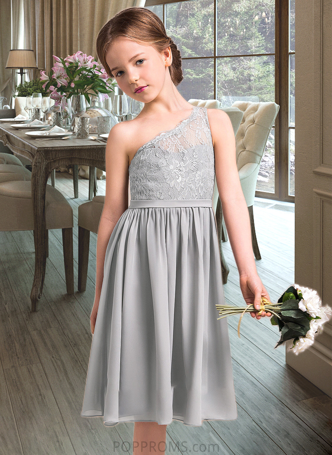 Valery A-Line One-Shoulder Knee-Length Chiffon Lace Junior Bridesmaid Dress PP6P0013571