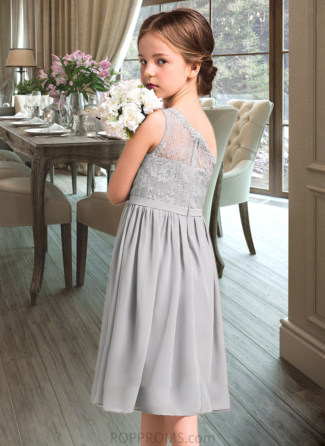 Valery A-Line One-Shoulder Knee-Length Chiffon Lace Junior Bridesmaid Dress PP6P0013571