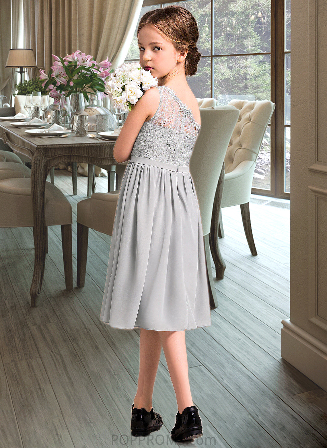 Valery A-Line One-Shoulder Knee-Length Chiffon Lace Junior Bridesmaid Dress PP6P0013571