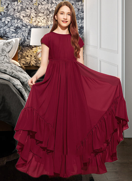 Amirah A-Line Scoop Neck Floor-Length Chiffon Junior Bridesmaid Dress With Appliques Lace Bow(s) Cascading Ruffles PP6P0013573