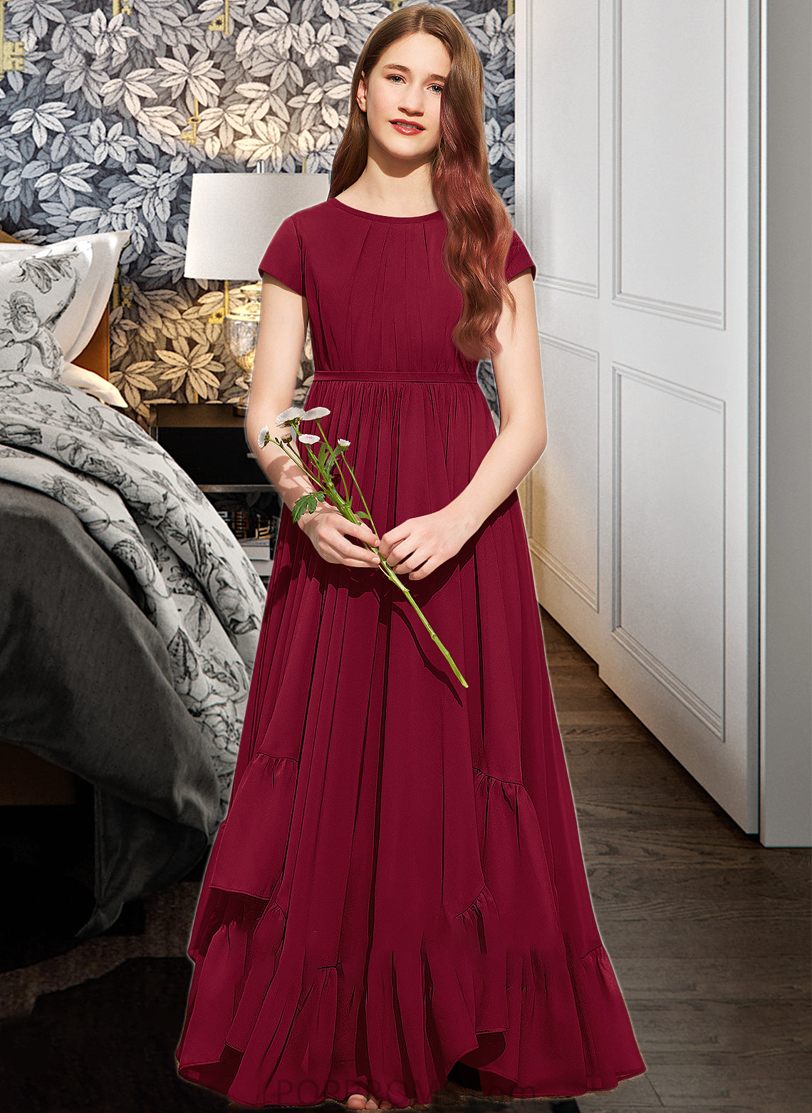 Amirah A-Line Scoop Neck Floor-Length Chiffon Junior Bridesmaid Dress With Appliques Lace Bow(s) Cascading Ruffles PP6P0013573