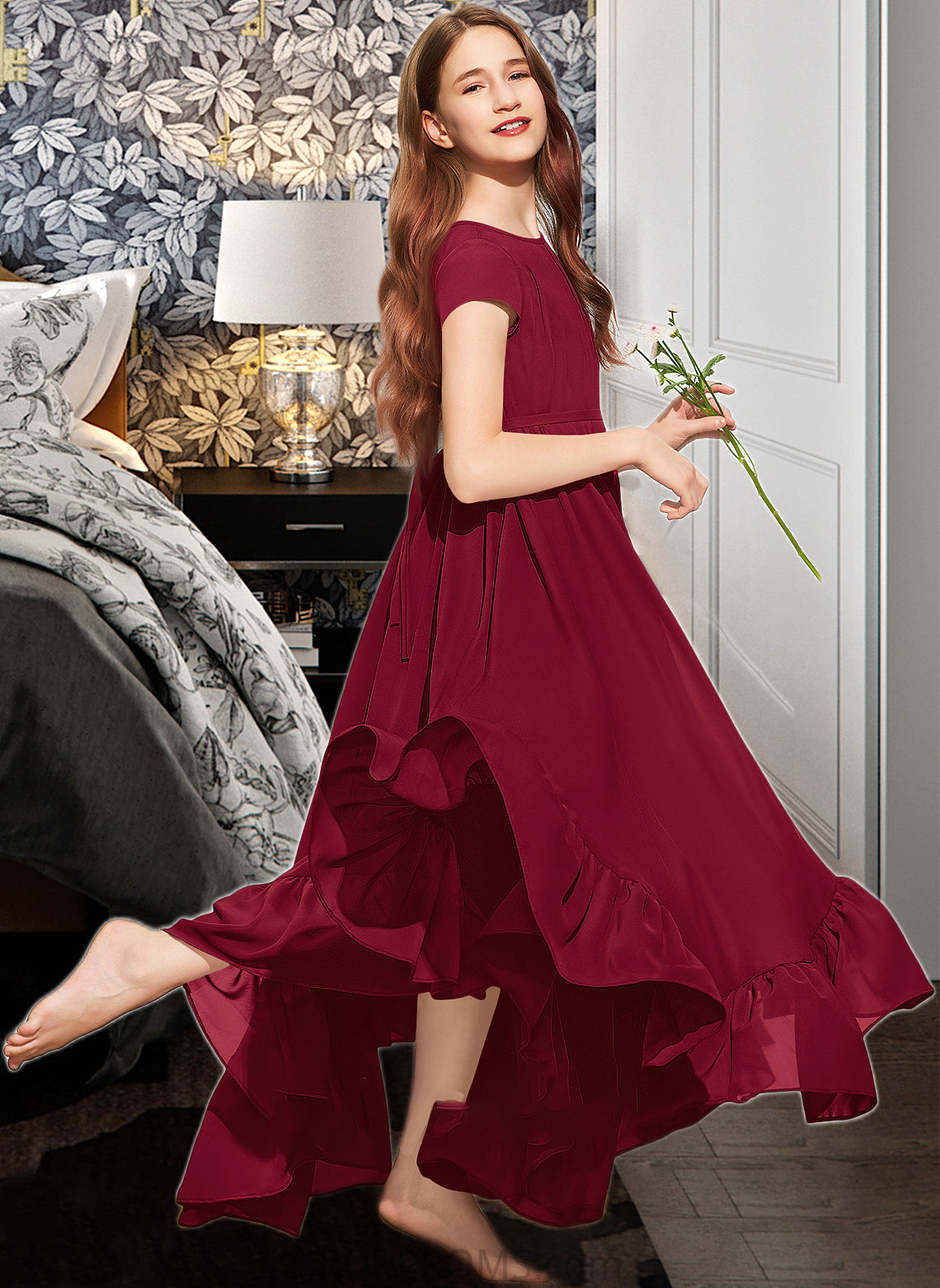 Amirah A-Line Scoop Neck Floor-Length Chiffon Junior Bridesmaid Dress With Appliques Lace Bow(s) Cascading Ruffles PP6P0013573