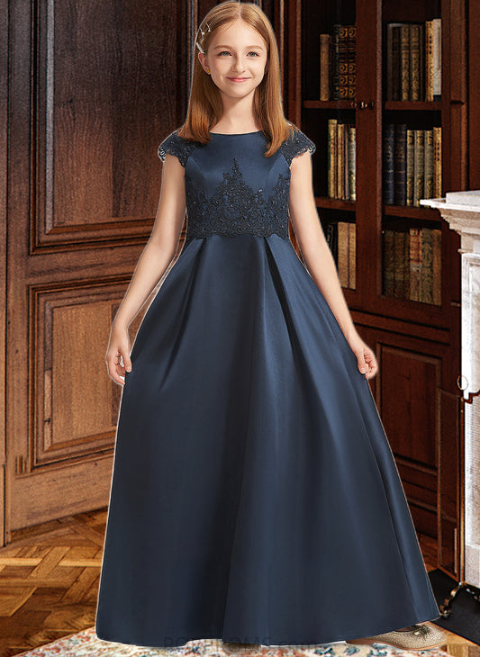 Arabella A-Line Scoop Neck Floor-Length Satin Lace Junior Bridesmaid Dress With Beading Sequins Bow(s) PP6P0013574