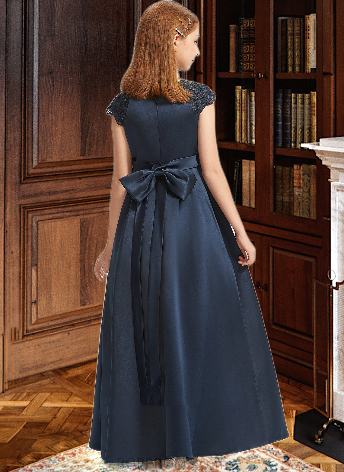 Arabella A-Line Scoop Neck Floor-Length Satin Lace Junior Bridesmaid Dress With Beading Sequins Bow(s) PP6P0013574