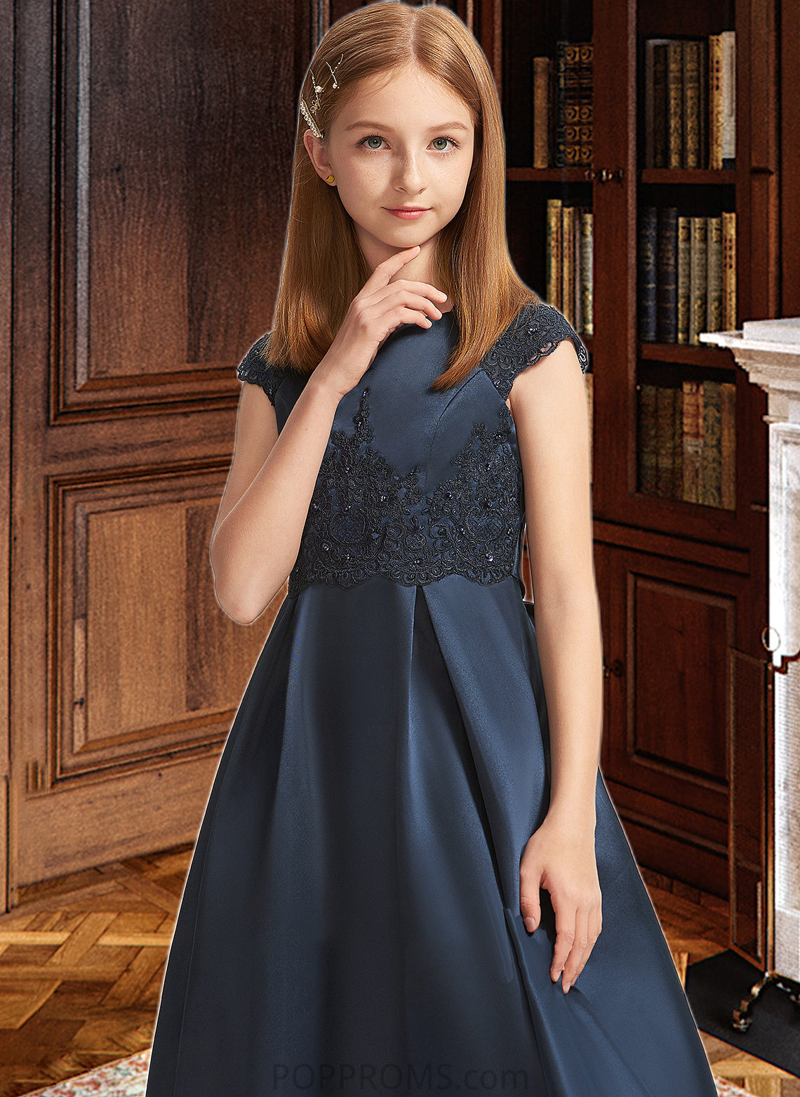 Arabella A-Line Scoop Neck Floor-Length Satin Lace Junior Bridesmaid Dress With Beading Sequins Bow(s) PP6P0013574