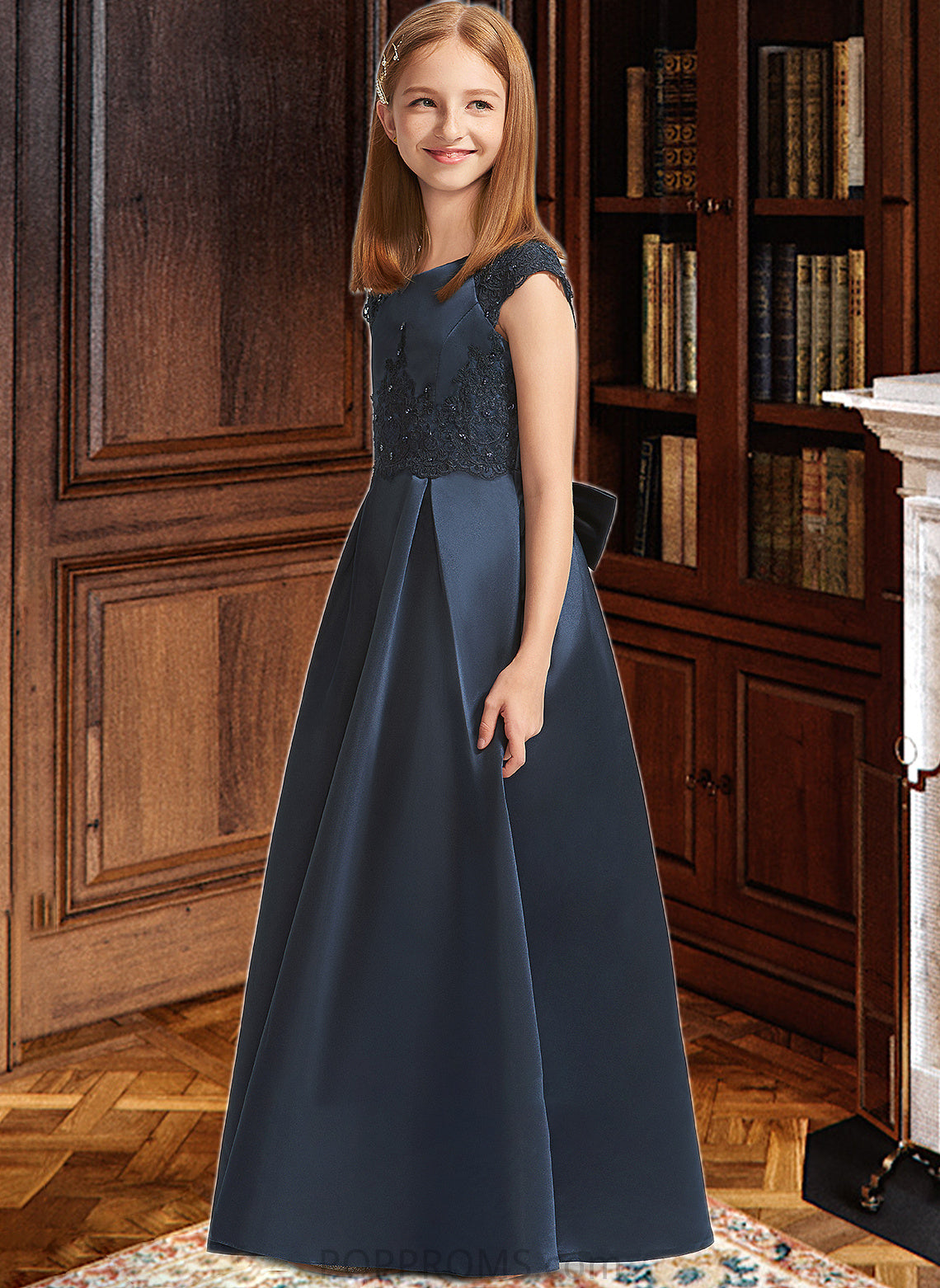 Arabella A-Line Scoop Neck Floor-Length Satin Lace Junior Bridesmaid Dress With Beading Sequins Bow(s) PP6P0013574