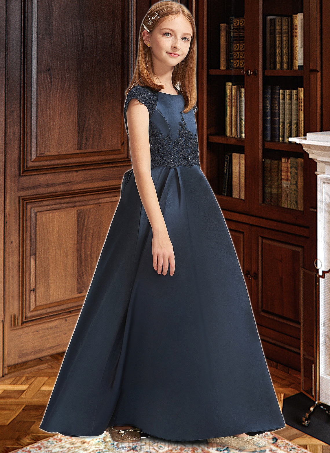 Arabella A-Line Scoop Neck Floor-Length Satin Lace Junior Bridesmaid Dress With Beading Sequins Bow(s) PP6P0013574