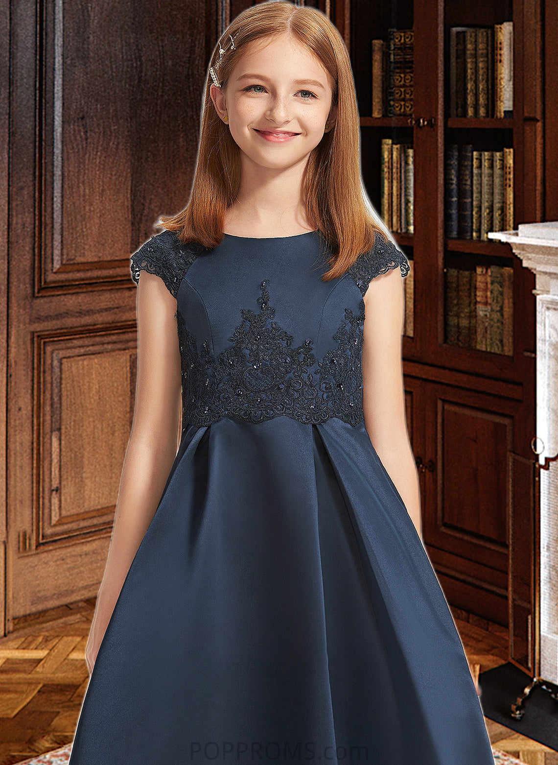 Arabella A-Line Scoop Neck Floor-Length Satin Lace Junior Bridesmaid Dress With Beading Sequins Bow(s) PP6P0013574