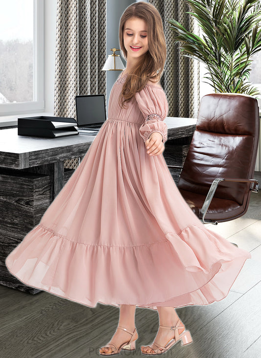 Kira A-Line Square Neckline Ankle-Length Chiffon Junior Bridesmaid Dress With Ruffle Lace PP6P0013575