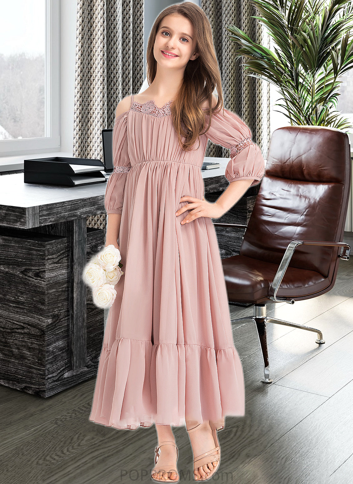 Kira A-Line Square Neckline Ankle-Length Chiffon Junior Bridesmaid Dress With Ruffle Lace PP6P0013575