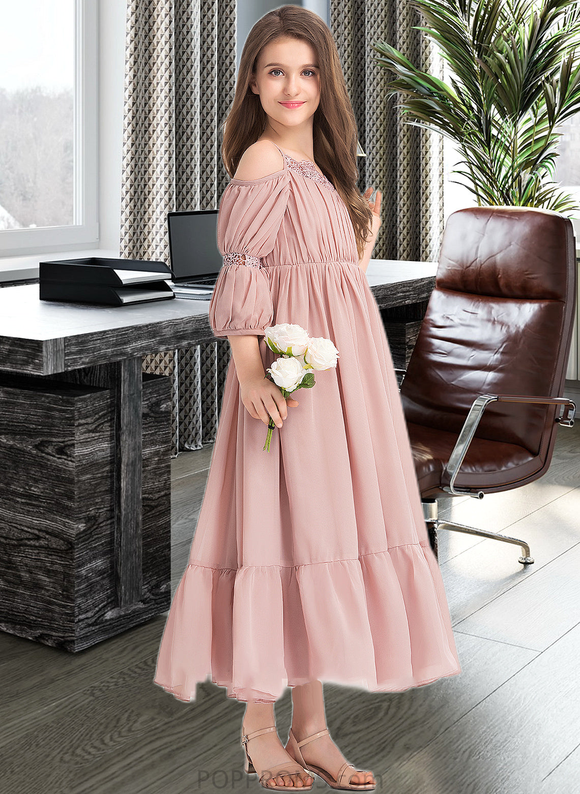 Kira A-Line Square Neckline Ankle-Length Chiffon Junior Bridesmaid Dress With Ruffle Lace PP6P0013575