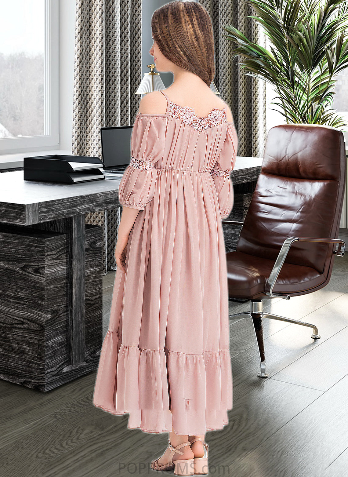 Kira A-Line Square Neckline Ankle-Length Chiffon Junior Bridesmaid Dress With Ruffle Lace PP6P0013575