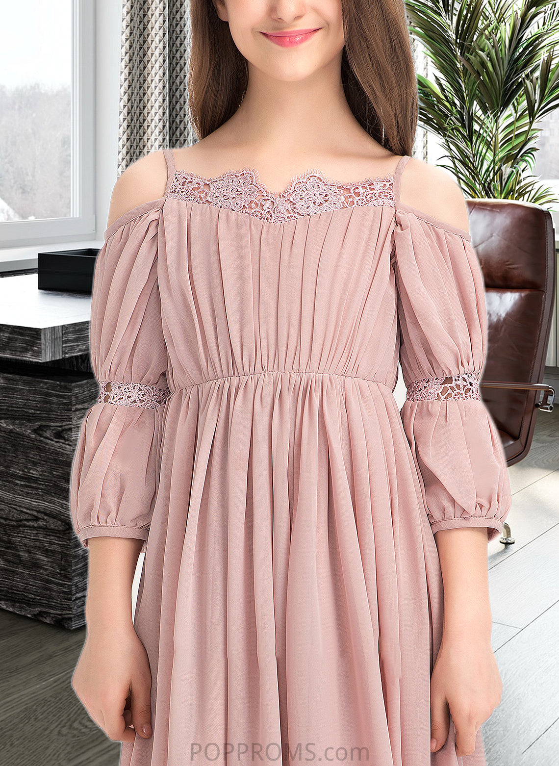 Kira A-Line Square Neckline Ankle-Length Chiffon Junior Bridesmaid Dress With Ruffle Lace PP6P0013575