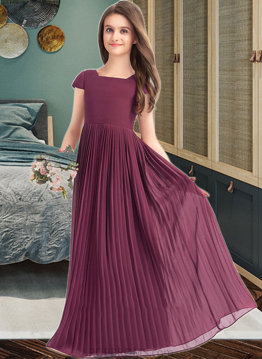 Isabell A-Line Square Neckline Floor-Length Chiffon Junior Bridesmaid Dress With Lace Bow(s) Pleated PP6P0013576