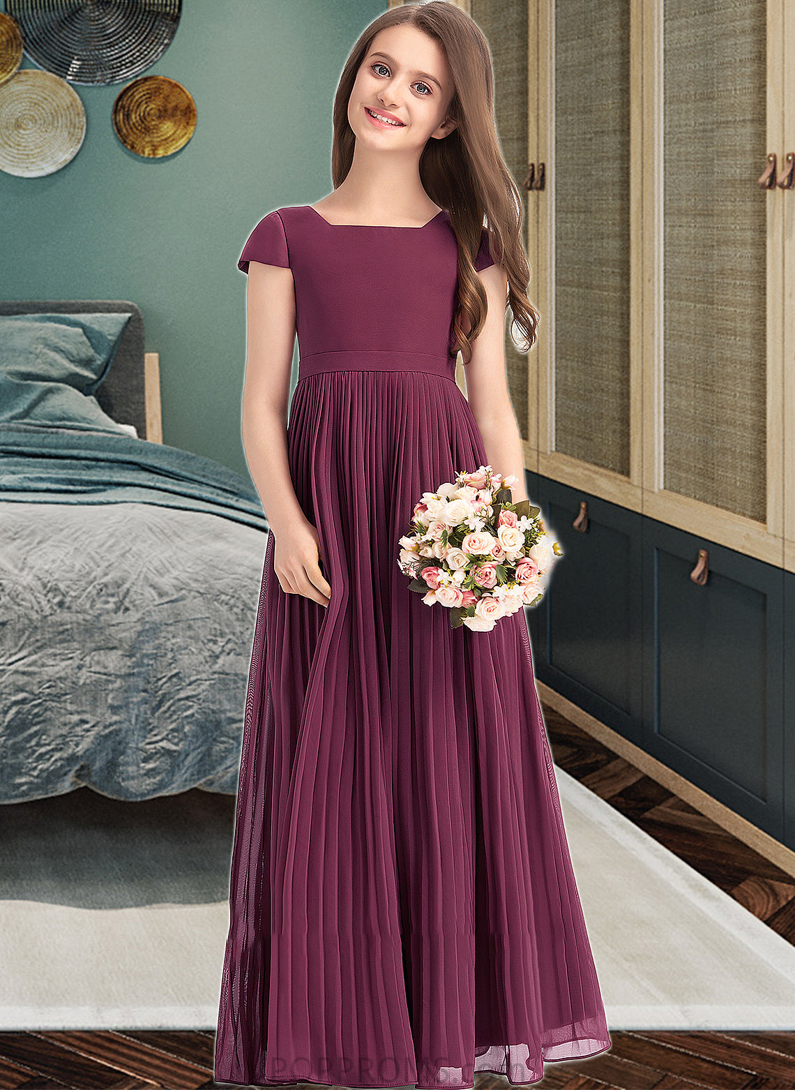 Isabell A-Line Square Neckline Floor-Length Chiffon Junior Bridesmaid Dress With Lace Bow(s) Pleated PP6P0013576