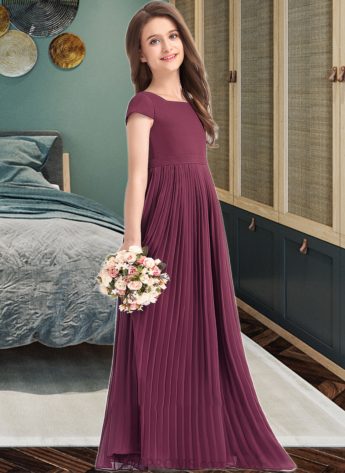 Isabell A-Line Square Neckline Floor-Length Chiffon Junior Bridesmaid Dress With Lace Bow(s) Pleated PP6P0013576