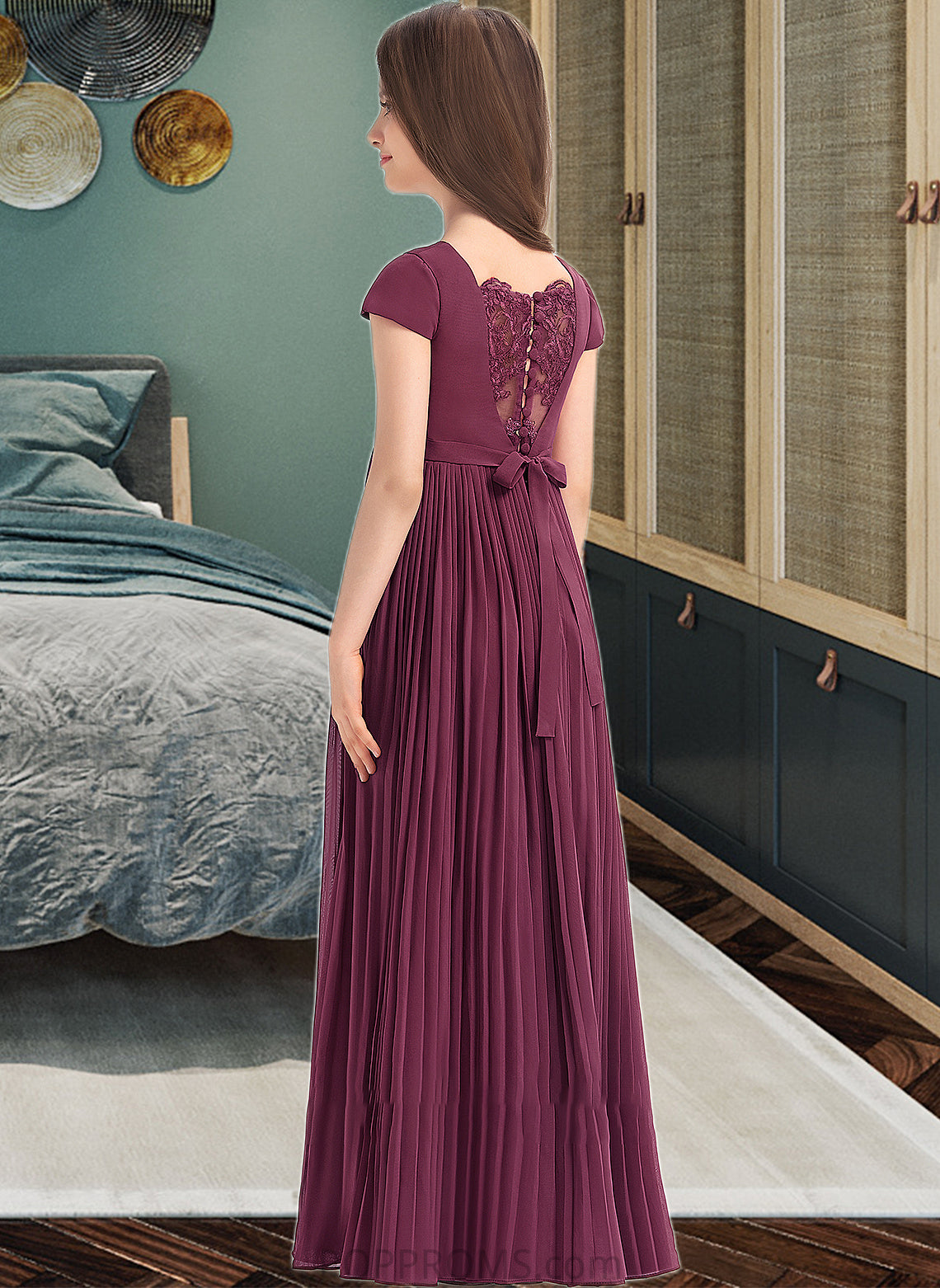 Isabell A-Line Square Neckline Floor-Length Chiffon Junior Bridesmaid Dress With Lace Bow(s) Pleated PP6P0013576