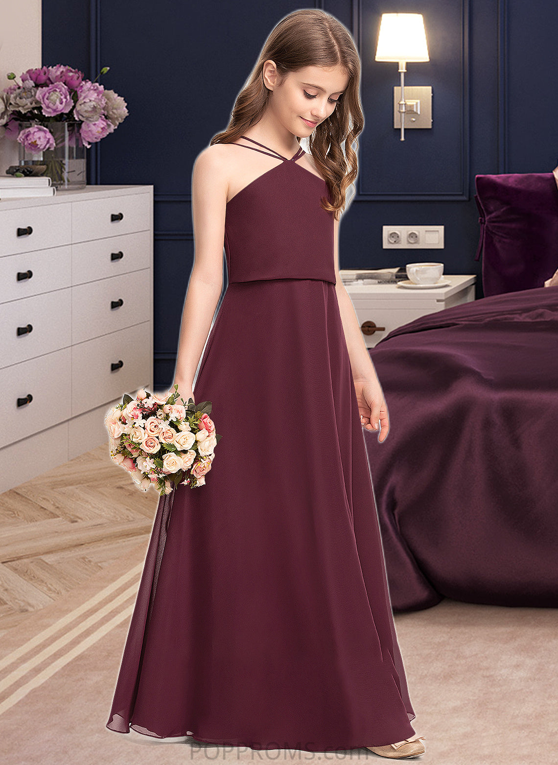 Tatiana A-Line V-neck Floor-Length Chiffon Junior Bridesmaid Dress PP6P0013577