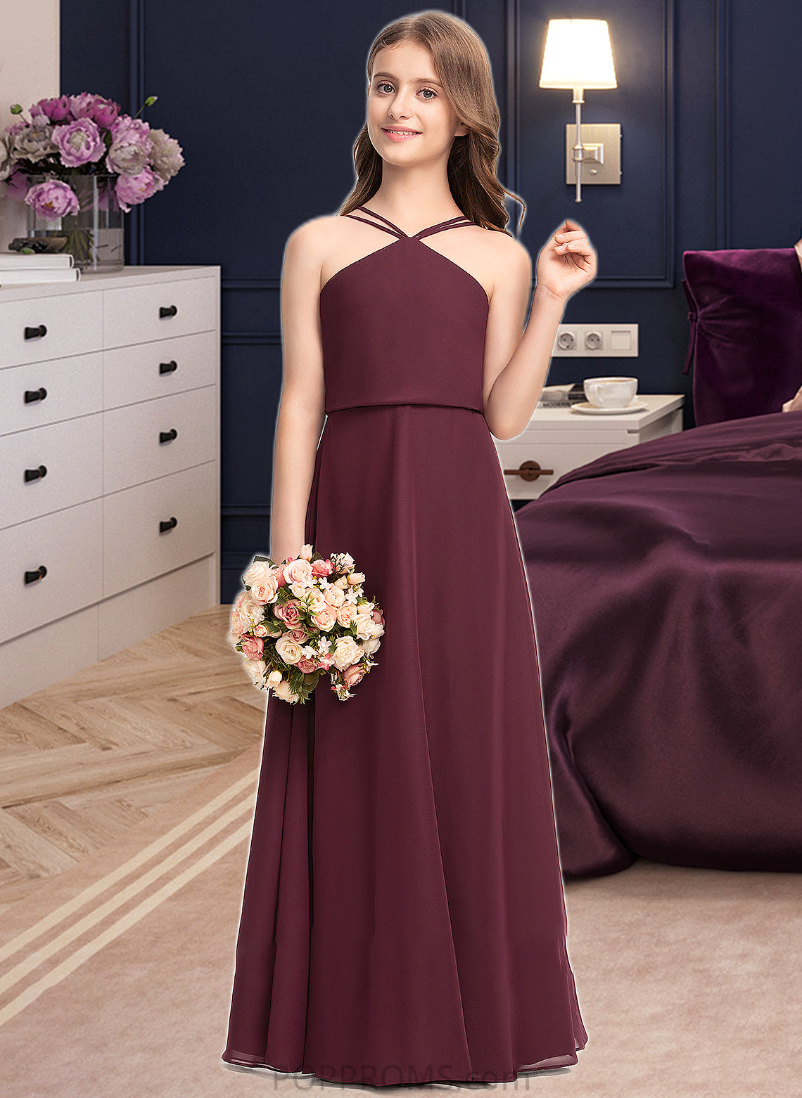 Tatiana A-Line V-neck Floor-Length Chiffon Junior Bridesmaid Dress PP6P0013577