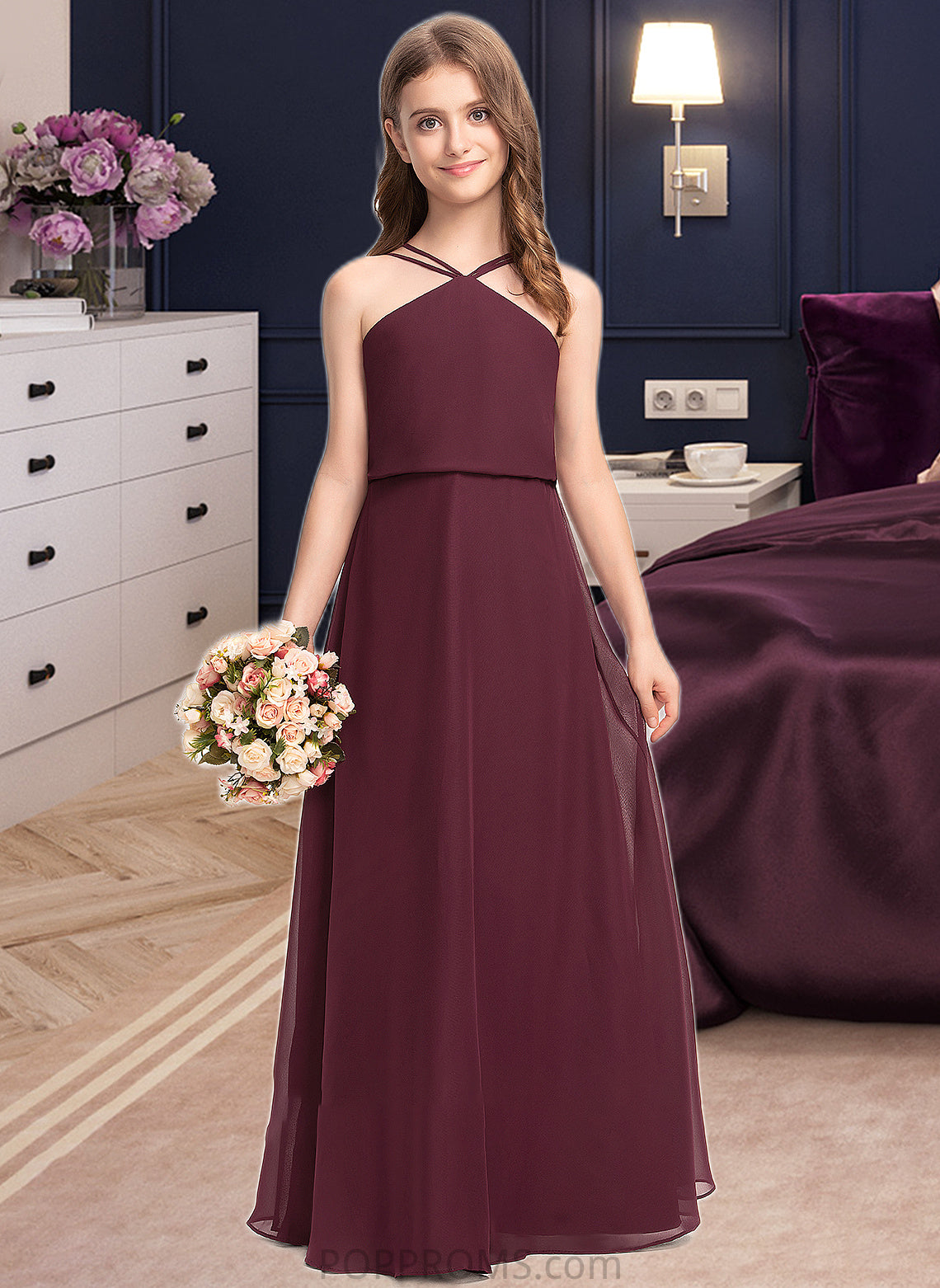 Tatiana A-Line V-neck Floor-Length Chiffon Junior Bridesmaid Dress PP6P0013577