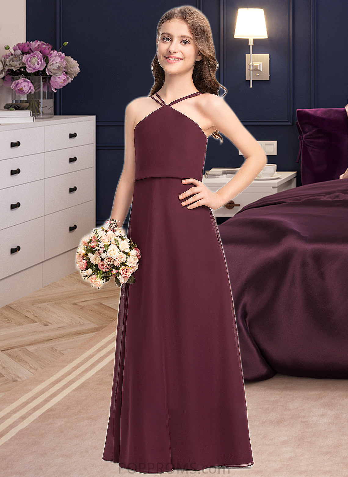 Tatiana A-Line V-neck Floor-Length Chiffon Junior Bridesmaid Dress PP6P0013577