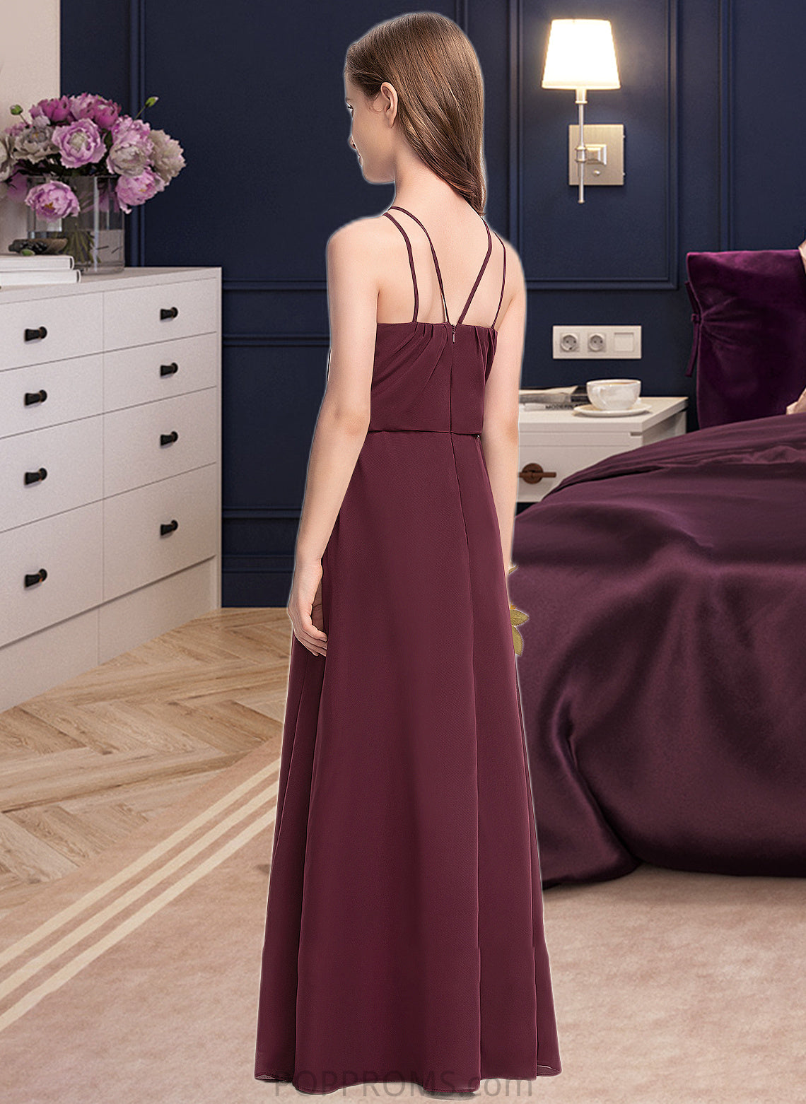 Tatiana A-Line V-neck Floor-Length Chiffon Junior Bridesmaid Dress PP6P0013577