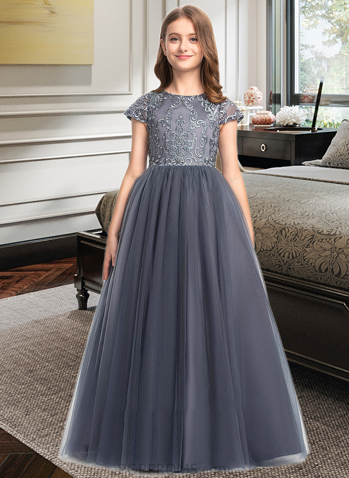 Alexandra Ball-Gown/Princess Scoop Neck Floor-Length Tulle Lace Junior Bridesmaid Dress PP6P0013578