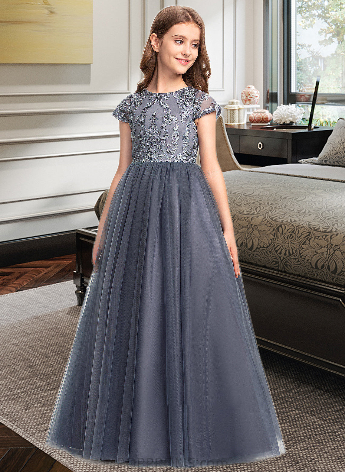 Alexandra Ball-Gown/Princess Scoop Neck Floor-Length Tulle Lace Junior Bridesmaid Dress PP6P0013578