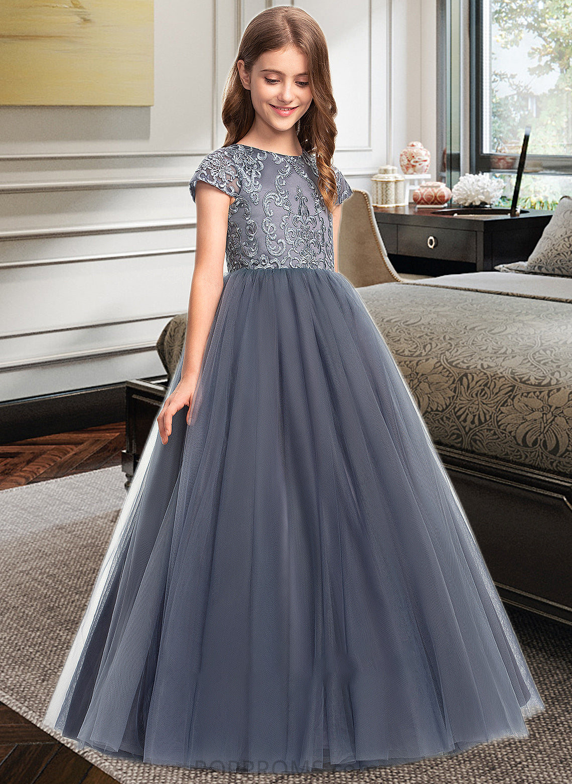 Alexandra Ball-Gown/Princess Scoop Neck Floor-Length Tulle Lace Junior Bridesmaid Dress PP6P0013578