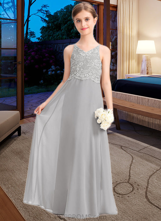 Gianna A-Line V-neck Floor-Length Chiffon Lace Junior Bridesmaid Dress PP6P0013579