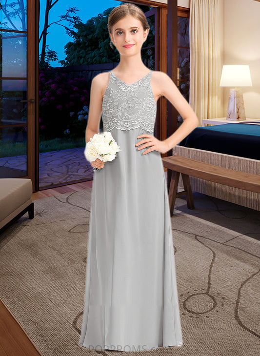 Gianna A-Line V-neck Floor-Length Chiffon Lace Junior Bridesmaid Dress PP6P0013579