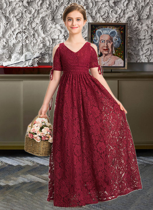 Lola A-Line V-neck Floor-Length Lace Junior Bridesmaid Dress With Ruffle Bow(s) PP6P0013581