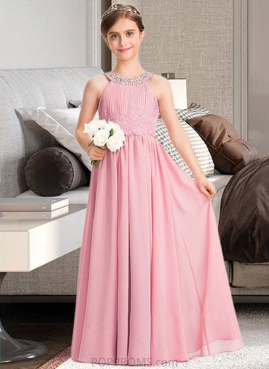 Cecelia A-Line Scoop Neck Floor-Length Chiffon Lace Junior Bridesmaid Dress With Ruffle Beading Sequins PP6P0013582