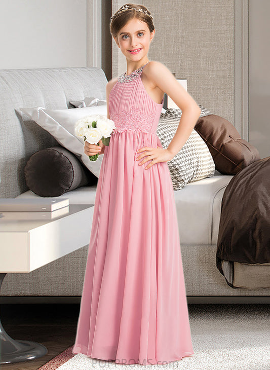 Cecelia A-Line Scoop Neck Floor-Length Chiffon Lace Junior Bridesmaid Dress With Ruffle Beading Sequins PP6P0013582