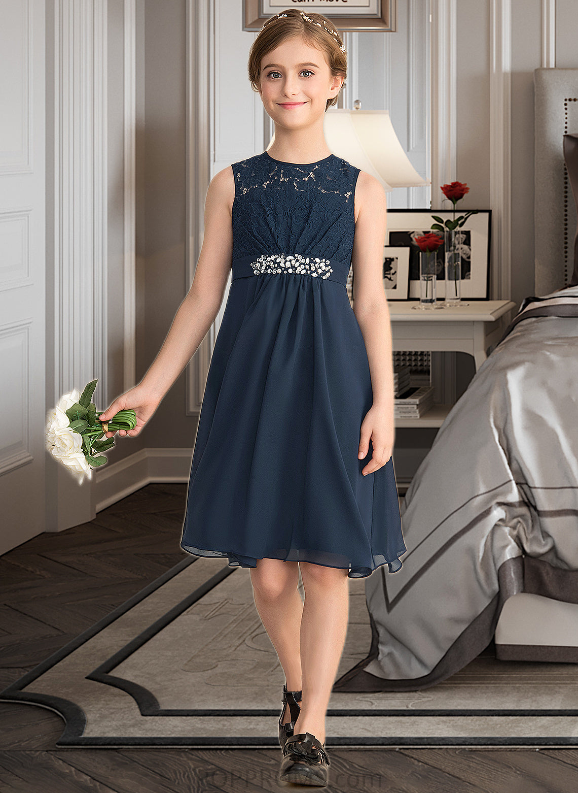 Izabelle A-Line Scoop Neck Knee-Length Chiffon Lace Junior Bridesmaid Dress With Beading Sequins Bow(s) PP6P0013583